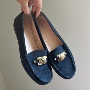 Kate Spade Women’s Carmen Loafers Navy Blue Suede, Gold Spade, Driving Shoe 7.5